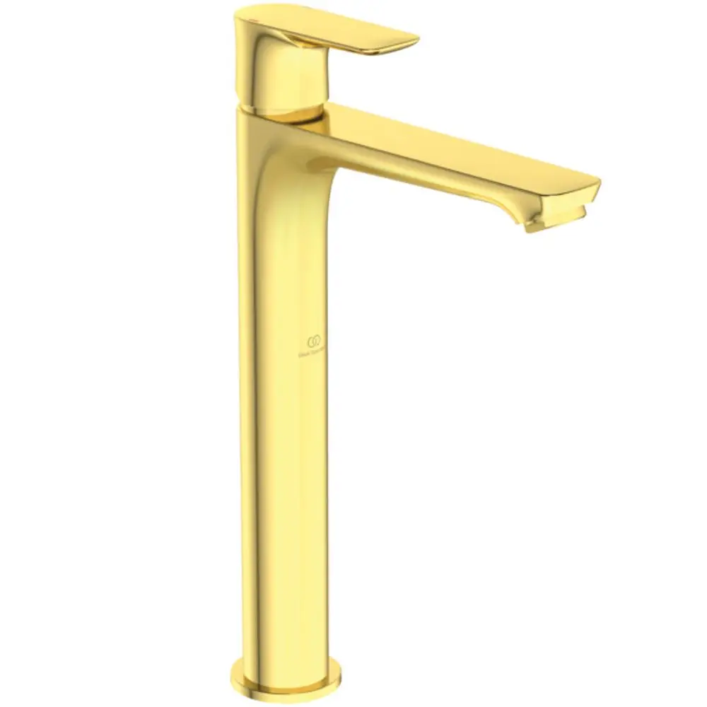 Hochglanzgoldene Armatur von Ideal Standard mit gerader Körperform und flacher Auslaufkante, geeignet für Waschtische ohne Ablauffunktion.